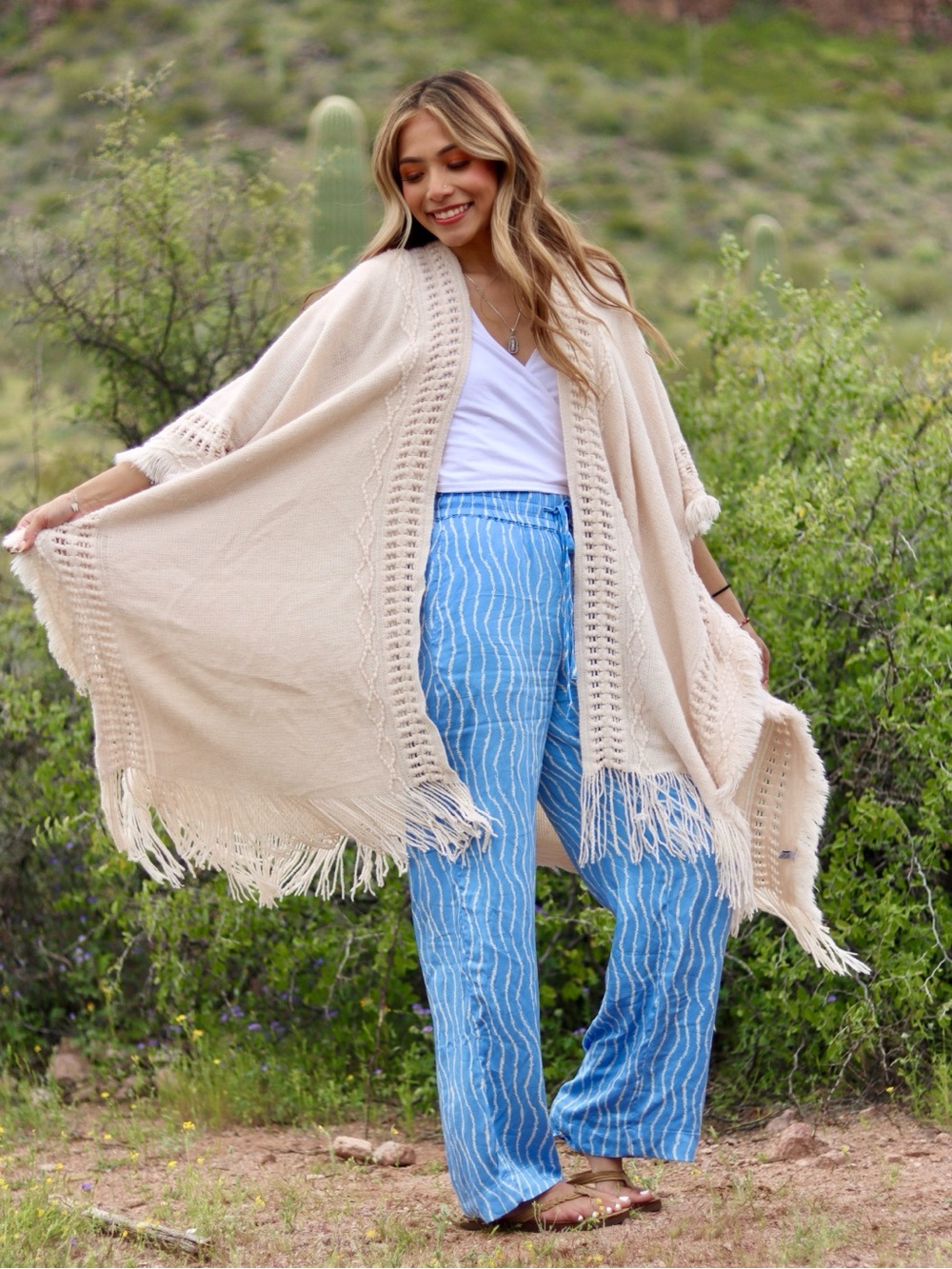 Cream Fringe Knit Poncho